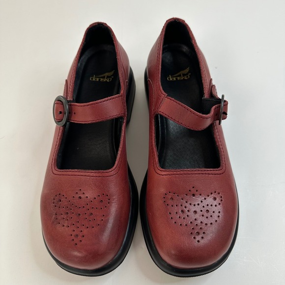 Dansko Shoes - Dansko Mary Jane Chunky Platform Rounded Toe Shoes Red Leather Perforated Buckle